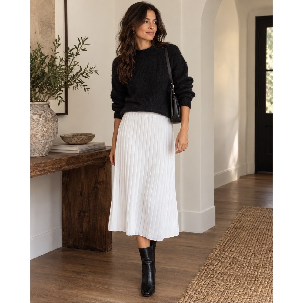 House of Harlow 1960 Pleated Midi Skirt Knit Elastic Waist White Large